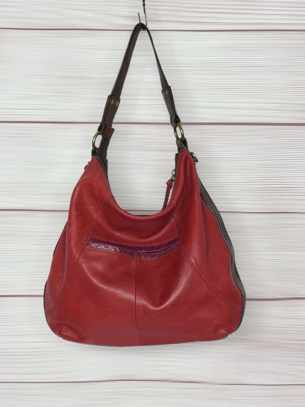 Fossil Patchwork Leather Hobo Bag Multicolor Brown Red Boho Key Charm Vintage